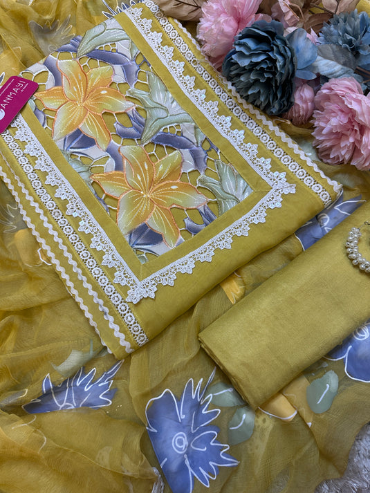 Coloured crochet patch work pure organza suits with handpaint dupatta