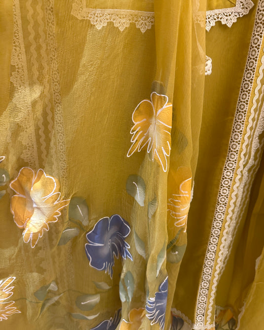 Coloured crochet patch work pure organza suits with handpaint dupatta