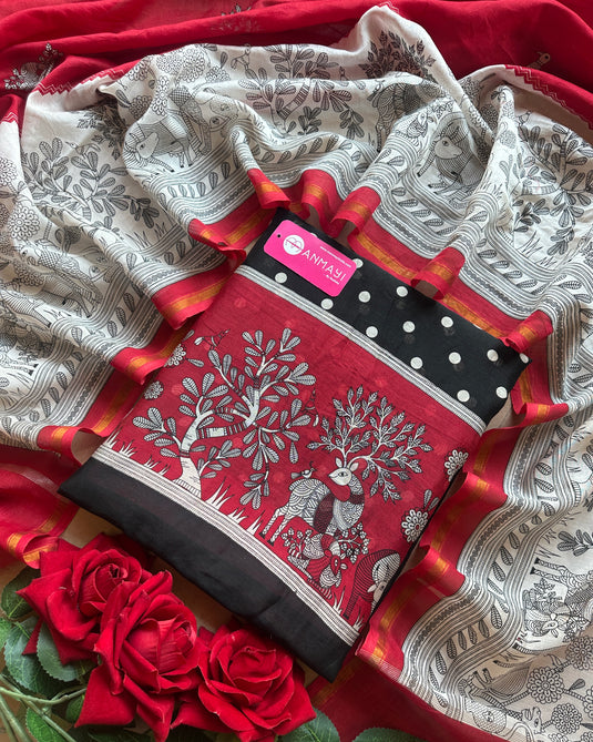 Pure Maheshwari red black combination suit set