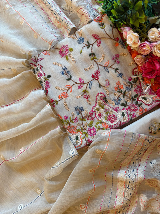 Festive Ivory coloured Kantha weave Jamdani suit set
