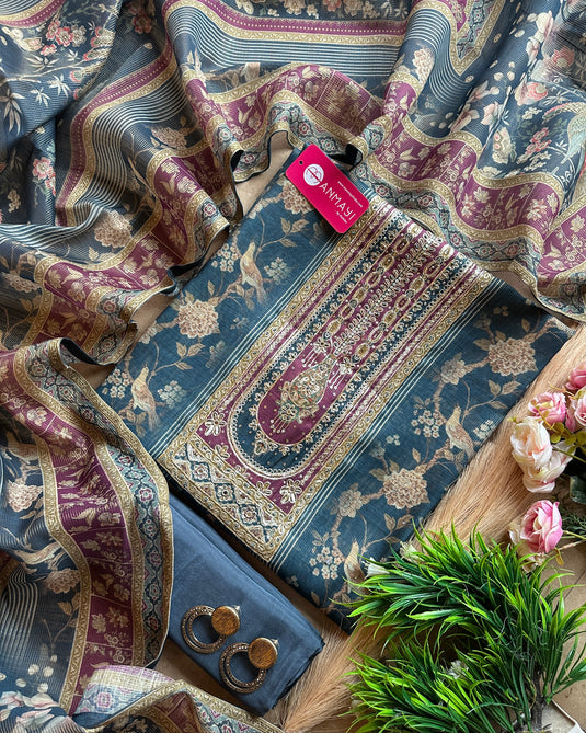 Tissue Chanderi printed work neck suit set