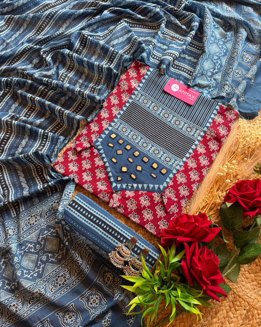 Banjara patched mirror neck suit set with Ajrakh print