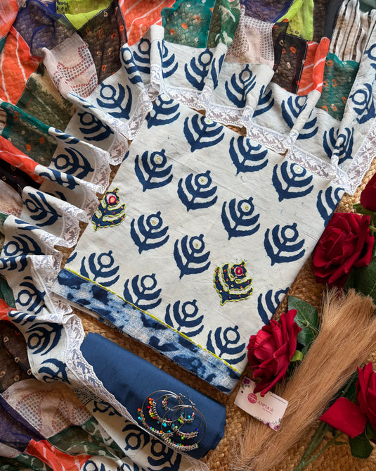 Indigo batik print pure cotton suit set with