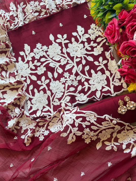 Chinnon thread work maroon suit set