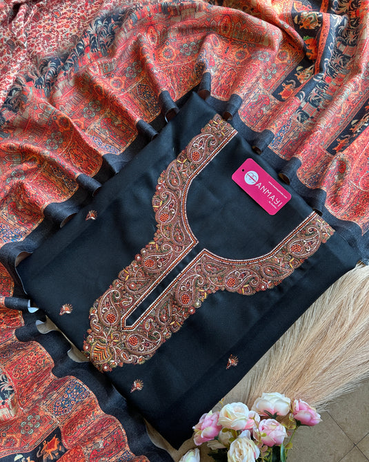 Aari work woollen suit set with highlighted