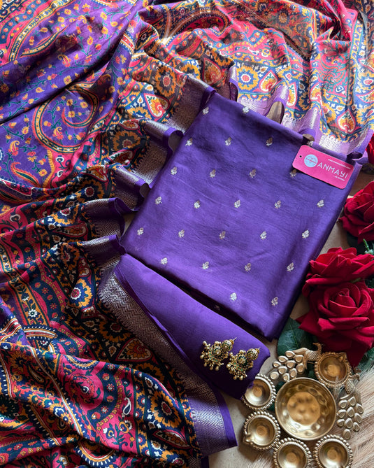 Purple Banarasi pure silk suit with print dupatta