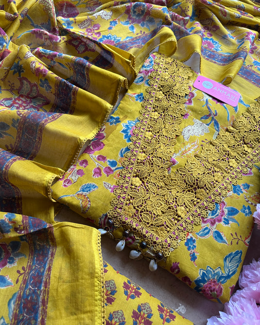 Floral cottons crochet v neck pure cotton suit set