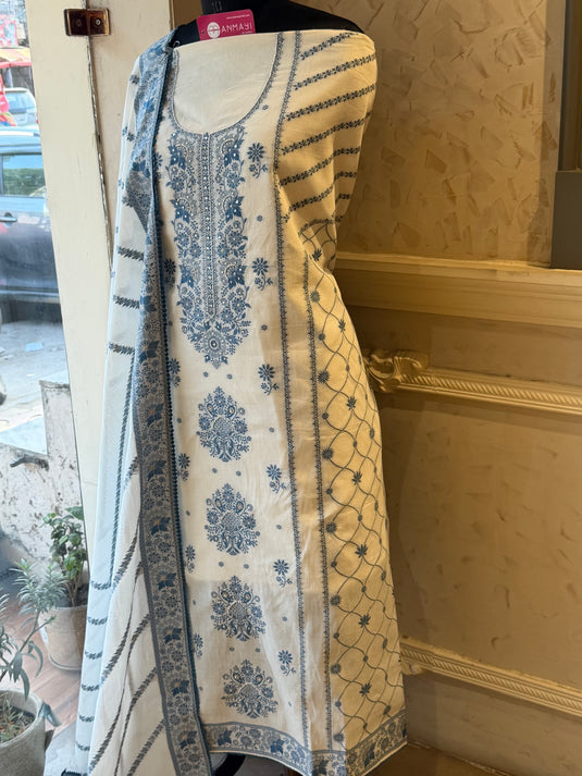 Cotton weave pearl highlight indigo cream suit set
