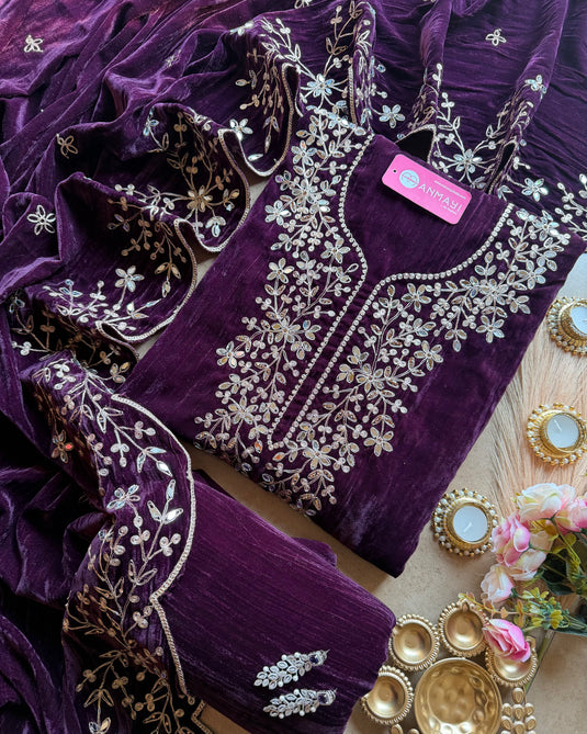 Crushed velvet mirror work suit set