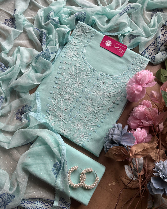 Chikankari neck block print pure cotton suits with chiffon dupatta