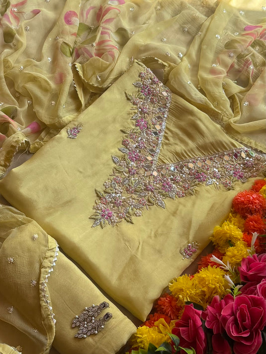 Crepe silk embroidered mirror neck suit set with chiffon Handpaint highlights dupatta