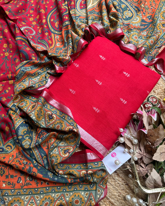 Linen Banarasi coloured edits with digital print dupattas