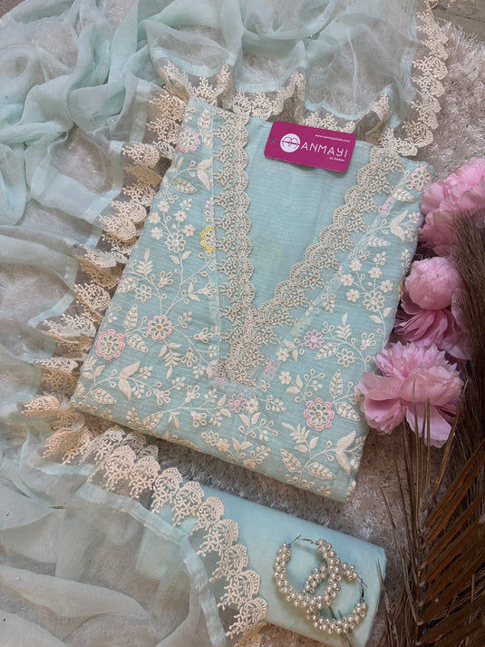 Kota Chikankari v neck suit with pure chiffon mukaish dupatta