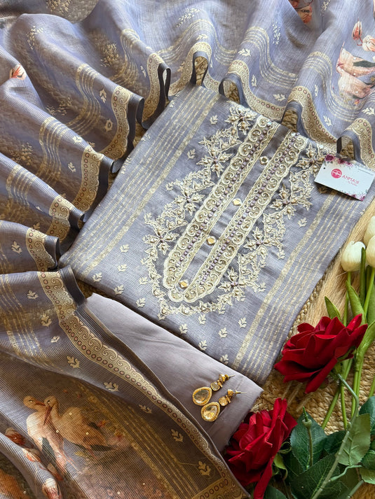 Linen shimmer line mirror work swan suit set