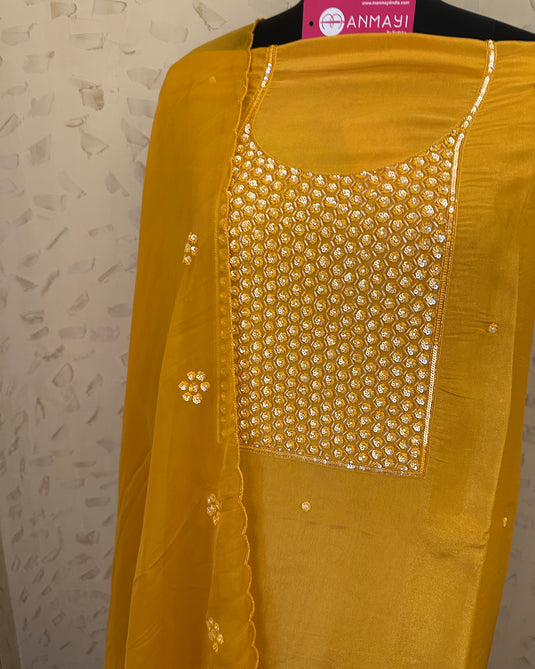 Shimmer tissue embroidered seaquins neck suit set with organza stole