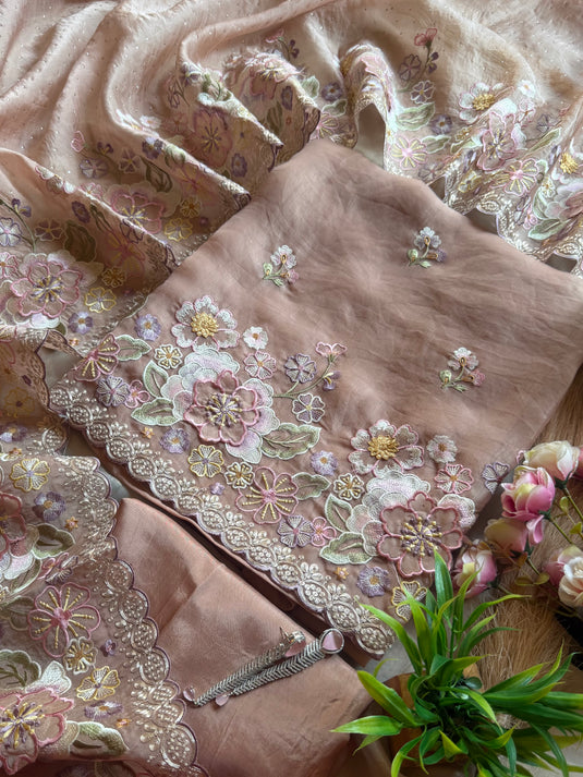 Applique patches tissue suits with Mukaish dupatta