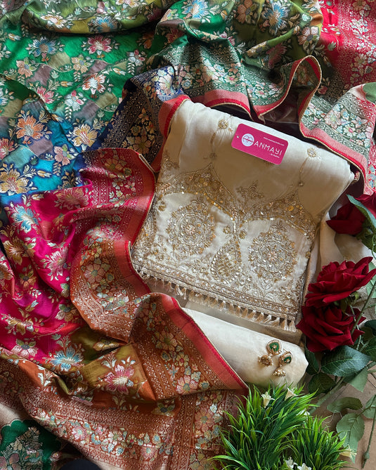 Kanjivaram hand embroidered shimmer silk suit set with coloured dupatta