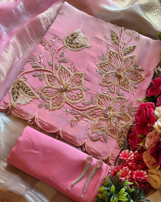 Intricate 3D embroidered shimmer silk suit set