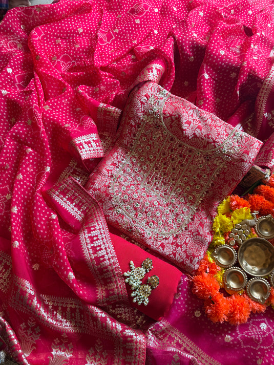 Brocade silk pita pearl work suit set with Banarasi Georgette dupatta