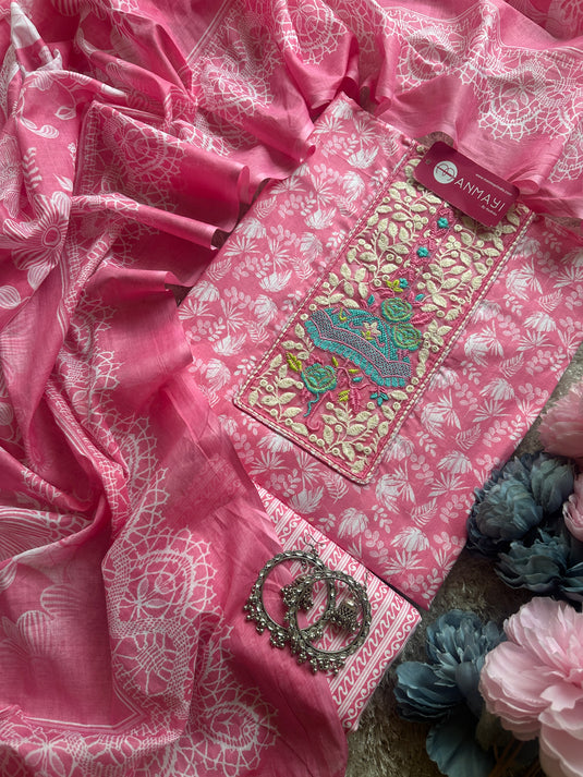 Cambric cotton bright embroidered neck suit set