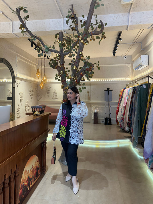 Crochet sleeves patch work black coordinated set