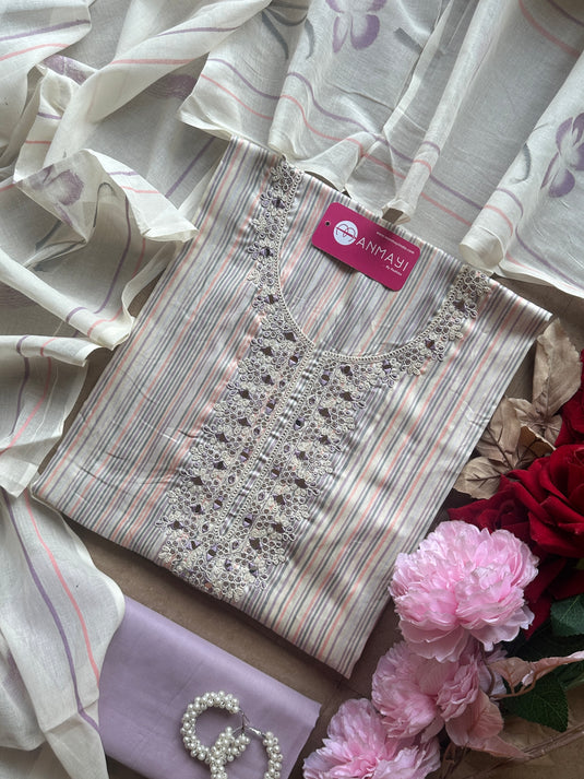 Rainbow stripes cambric cotton suit set with dori mirror neck and handprint dupatta