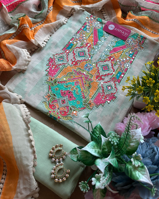 Boho neck Ikkat print pure linen muslin suit set