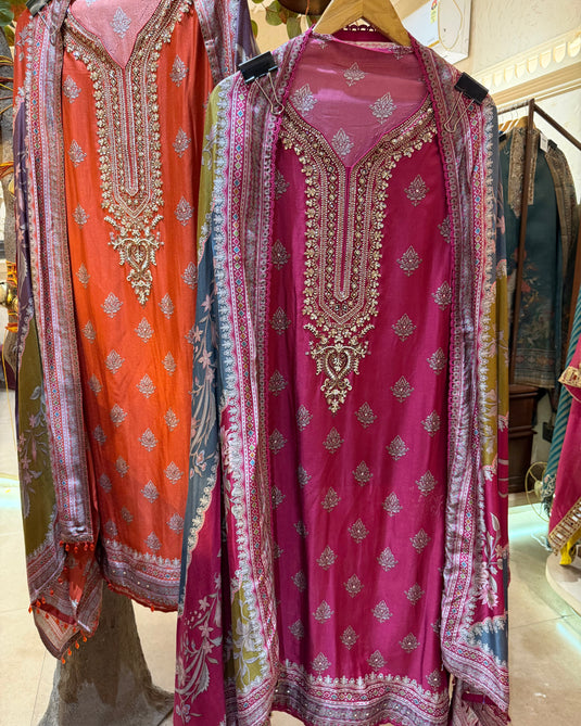 Persian print embroidered neck pure crepe suits