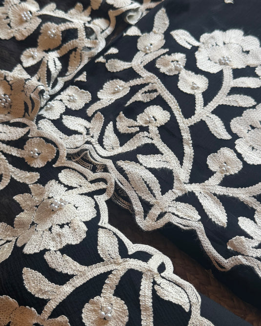 Karachi patterned aari work black fine chinnon suit set