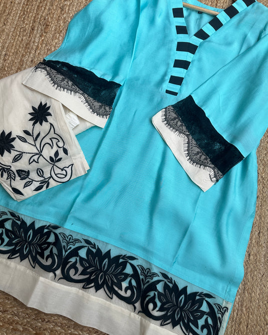 Cotton silk turquoise applique work coord set