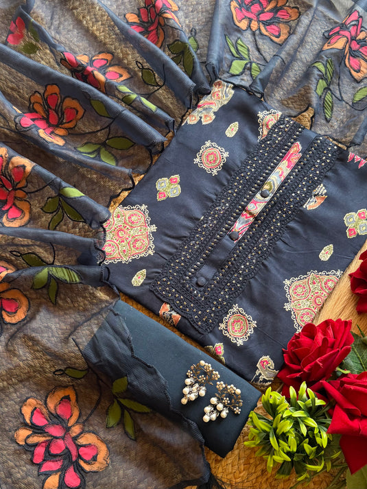 Mughal paisley print Cambric cotton suit with Kota dupatta