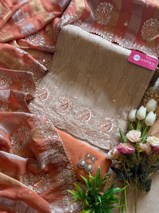 Shimmer Organza Embroidered rose gold suit set with combination dupatta