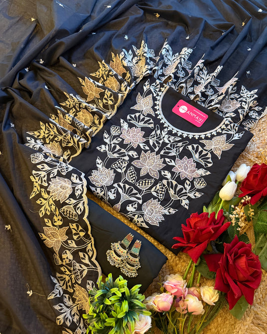 Mul Chanderi intricate bronze work suit set