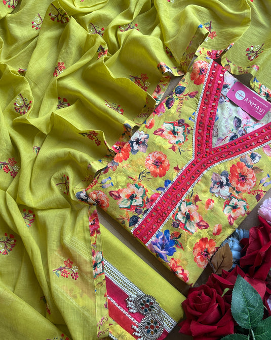 Lime green printed pure cotton suit set with embroidered dupatta