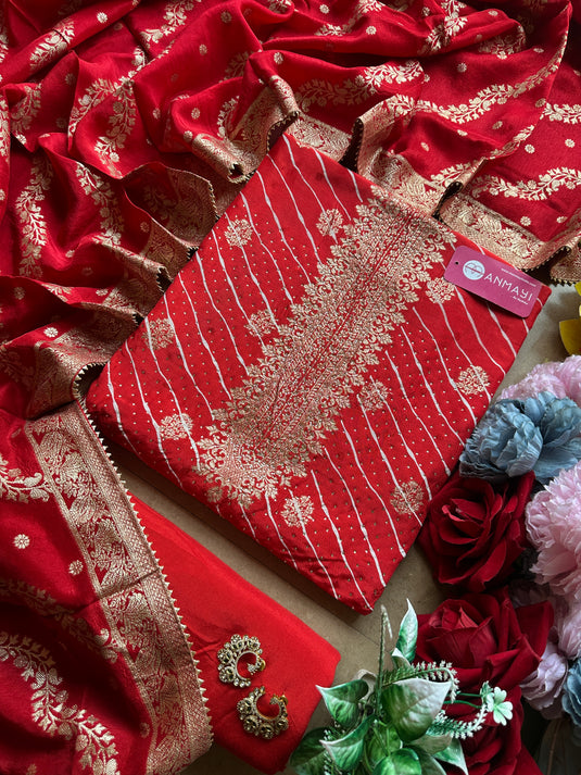 Dolla silk lehria banarasi suit set with Mukaish work highlights