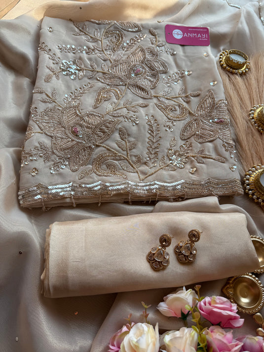 Hand Embroidered Ivory Shimmer Organza suit set