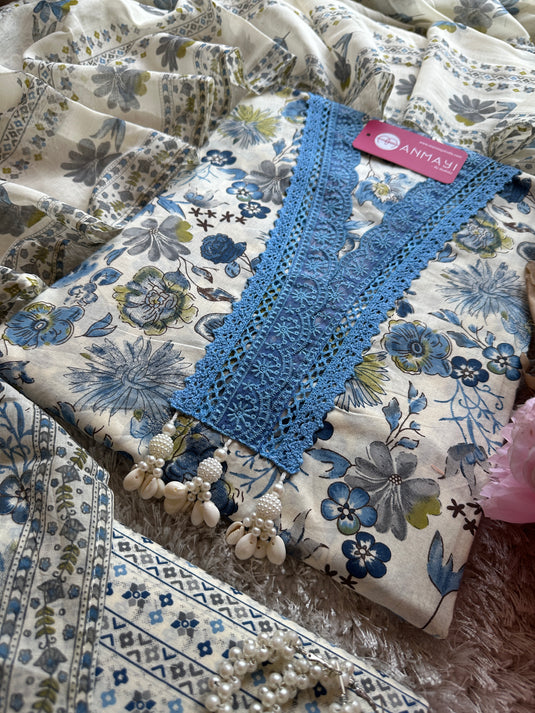 Crochet lace pure cotton cream base floral suit set with tassels