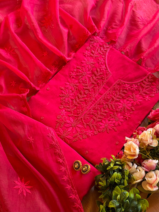 Festive shades pearl Lucknawi mul chanderi suit set