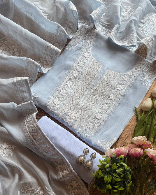 White Dori pattern work pure mul cotton suit set