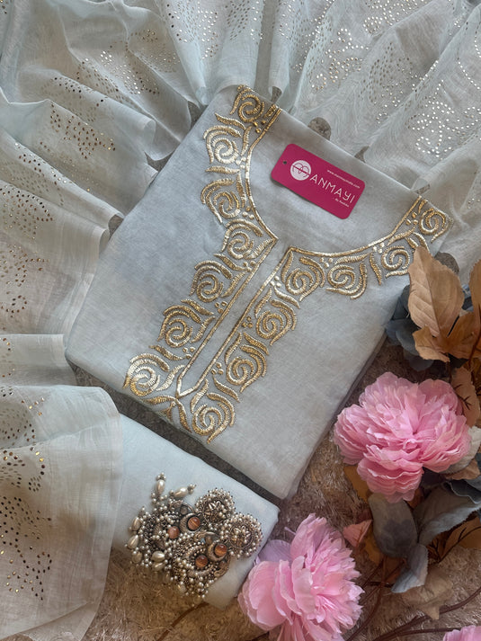 Pita Work mul chanderi pastel suit set by