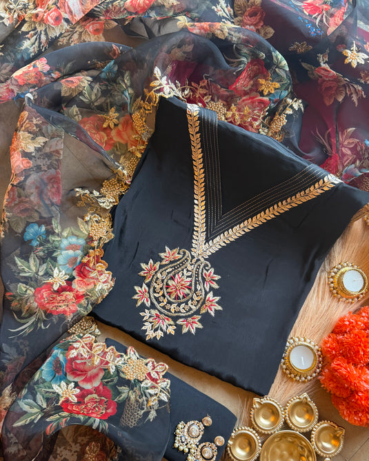 Pure Crepe embroidered v neck suit set