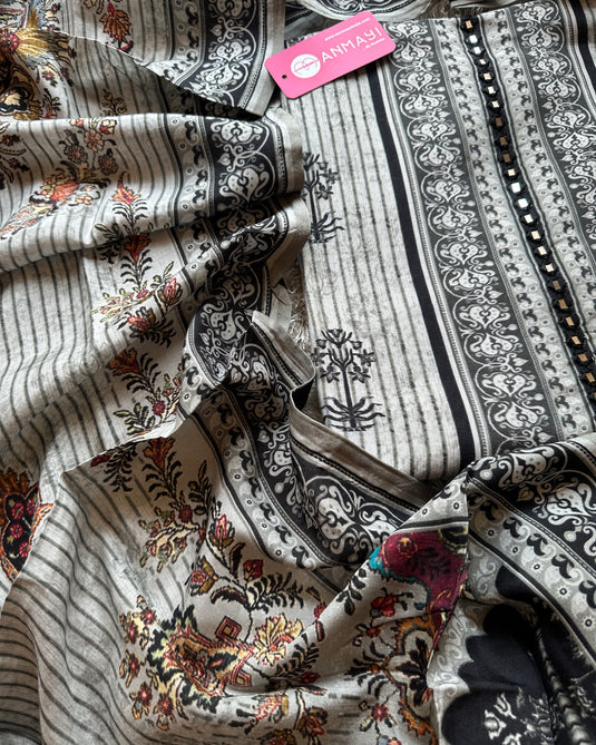 Grey black muslin suit set with mirror crochet neck