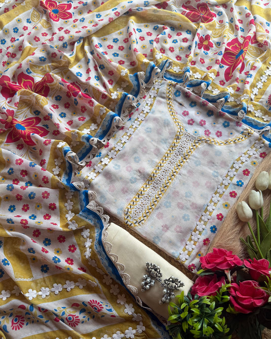 Crochet Motif colour garden pure muslin suit set