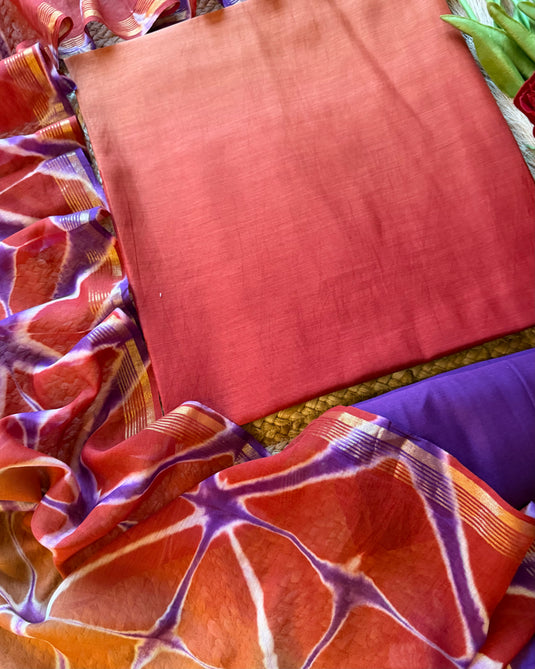 Ombré shaded pure mul chanderi suit with contrast bottom and Shibori dyed dupatta
