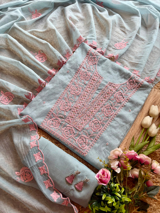 Bold pearl rose Mul Chanderi pastel suit set