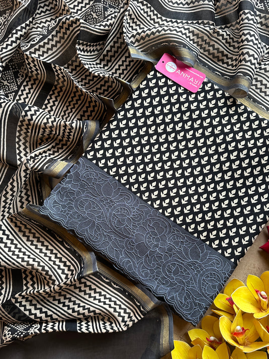 Block print pure 70 gms Chanderi suit set with embroidered borders