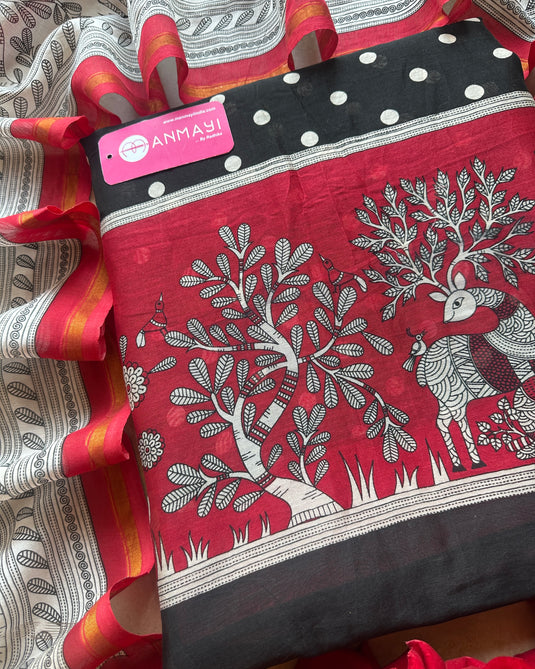 Pure Maheshwari red black combination suit set