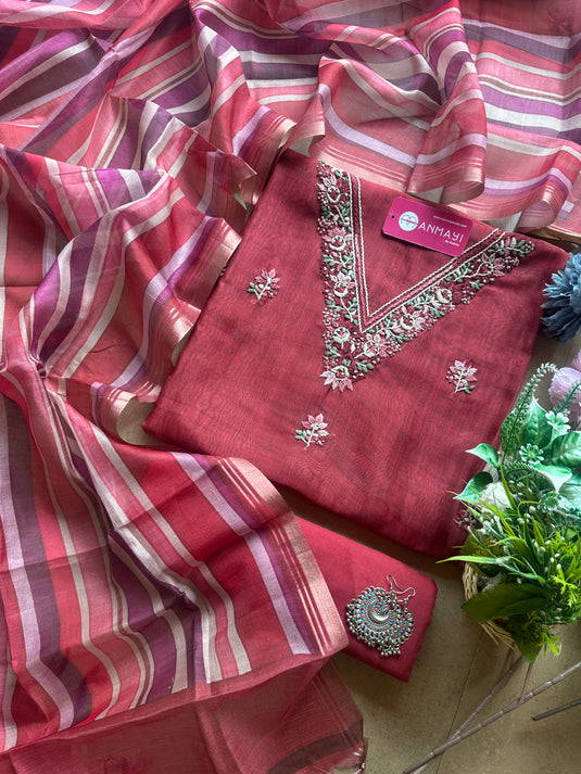 Tussar silk French knot work v neck suit set
