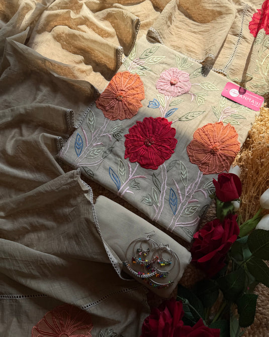Coloured applique flower Mul Chanderi suit set