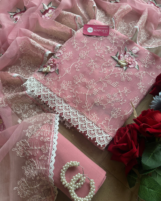 Crushed chiffon embroidered jaal suit with 3D flowers and shells
